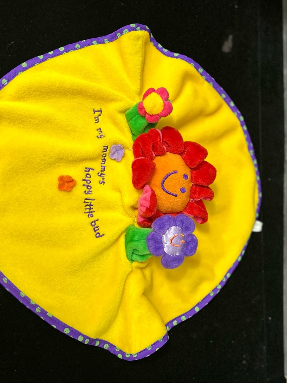 Little Me Bright Yellow Plush Bib with Red and Purple Flower Appliqués
